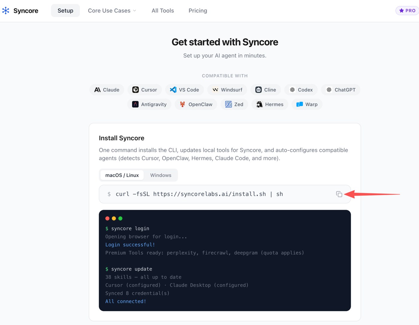 TradeLoop install page showing one-command CLI setup for macOS/Linux and Windows