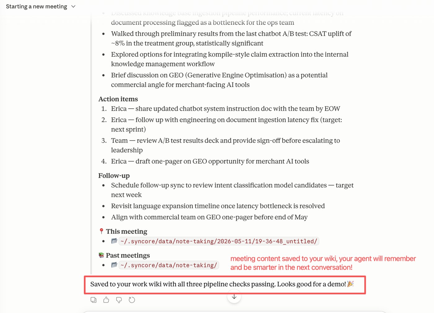 Trade journal entry with thesis, levels, and confirmation that it was saved to the wiki